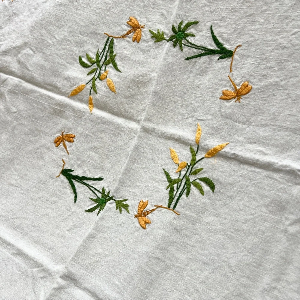 Vintage hand embroidered white linen tablecloth plants dragonflies green gold